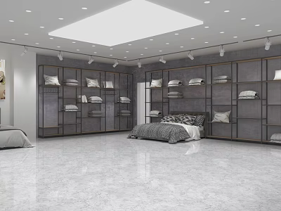 Modern Gray Bedroom Interior With Display Shelves And Comfortable Bed Setup 3d model