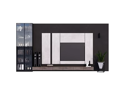 Modern TV Wall Design With Black Background White Panels Glass Cabinets Speakers And Plant 3d model