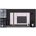 Modern TV Wall Design With Black Background White Panels Glass Cabinets Speakers And Plant