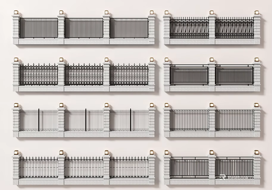 Various Metal Fence Designs With Different Rail Patterns And Stone Bases 3d model