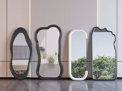 Various Shaped Mirrors In Modern Interior With Striped Wall And Green Plants 3d model