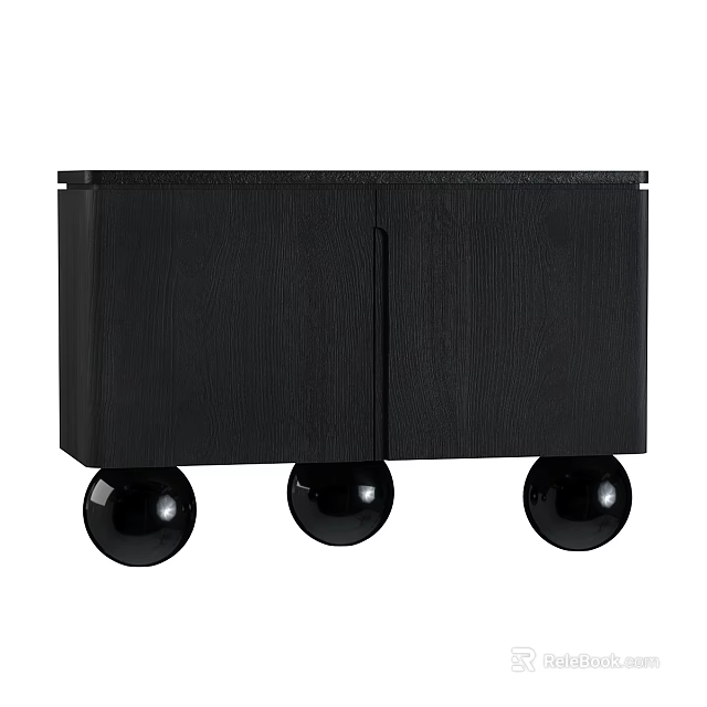 Black Wooden Texture Storage Cabinet With Two Doors And Spherical Wheels 3d model