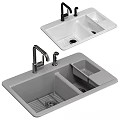 Black Kitchen Sink With Double Bowl Gold Faucet And Wooden Draining Board