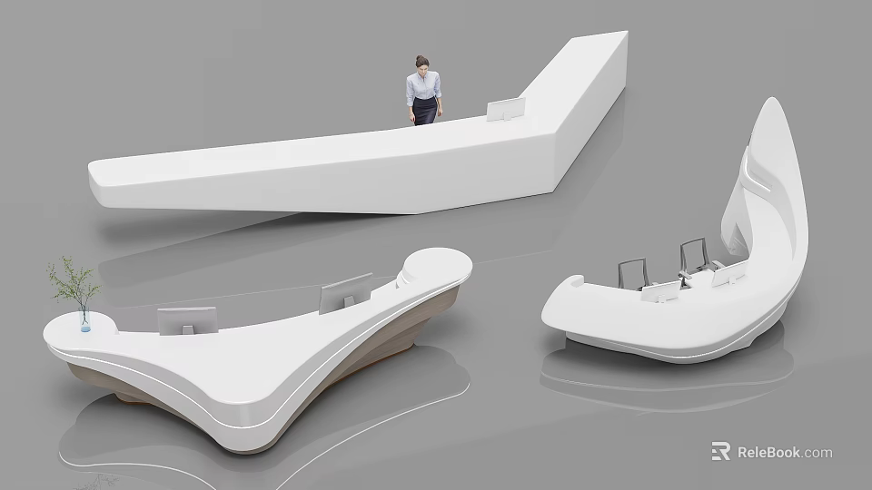 Modern Front Desk Reception Interior Design With Sleek White Counter And Receptionist 3d model