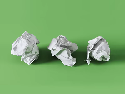 Three Crumpled White Paper Balls With Texture On Green Background 3d model