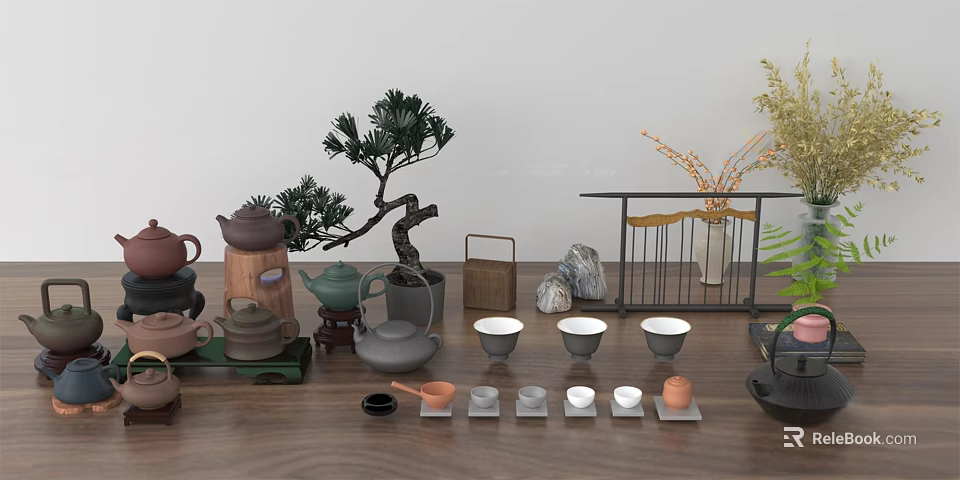 Traditional Chinese Tea Set with Teapots Teacups Trays on Wooden Table and Decorative Plants Stones 3d model 