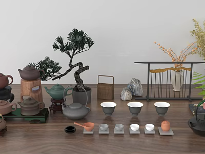 Traditional Chinese Tea Set with Teapots Teacups Trays on Wooden Table and Decorative Plants Stones 3d model