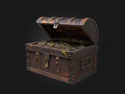 Open Vintage Treasure Chest Filled With Sparkling Gold Jewelry And Ornaments 3d model