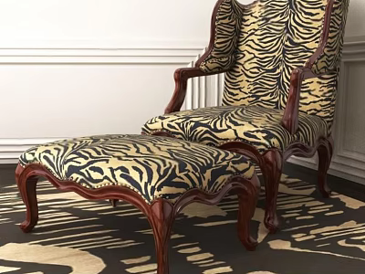 Zebra Pattern Armchair With Wooden Frame And Matching Ottoman In Living Room Interior 3d model