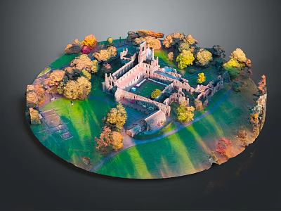 Cartoon Landscape Circular Layout with Central Castle Surrounded by Green Lawn and Colorful Autumn Trees 3d model