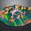 Cartoon Landscape Circular Layout with Central Castle Surrounded by Green Lawn and Colorful Autumn Trees