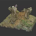 Wooden Stumps On Stone Base Natural Scene Model Featuring Green Plants And Moss Details