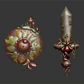 Mythical Snake Adorned Shield And Sword With Green Leaves Red Fruits And Mushrooms