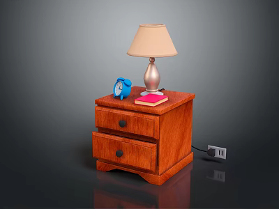 Wooden Bedside Table Interior With Table Lamp Blue Alarm Clock And Pink Book 3d model