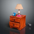 Wooden Bedside Table Interior With Table Lamp Blue Alarm Clock And Pink Book