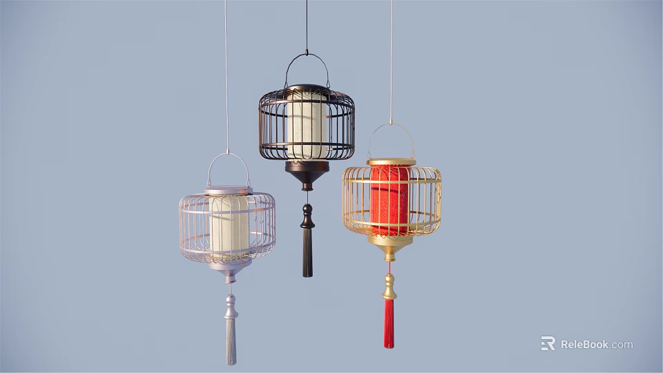 Cage Lantern Design Chandeliers with Red Black Gold and White Frames and Tassel Accents 3d model 