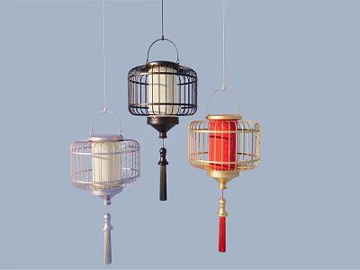 Cage Lantern Design Chandeliers with Red Black Gold and White Frames and Tassel Accents 3d model