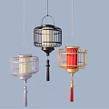 Cage Lantern Design Chandeliers with Red Black Gold and White Frames and Tassel Accents
