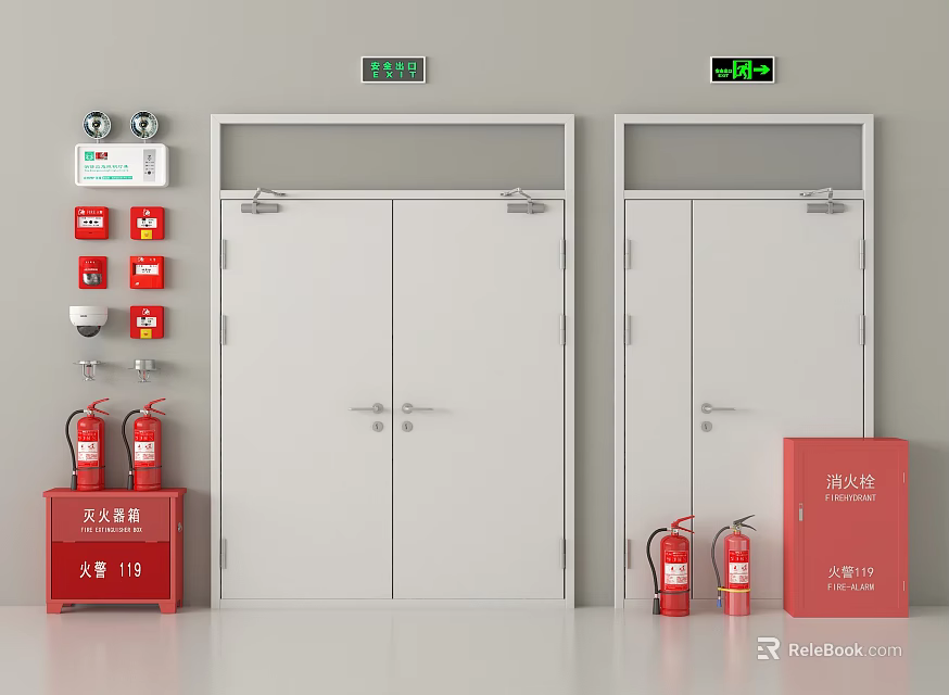 Fire Safety Equipment Setup With Fire Doors Emergency Lights And Extinguishers 3d model
