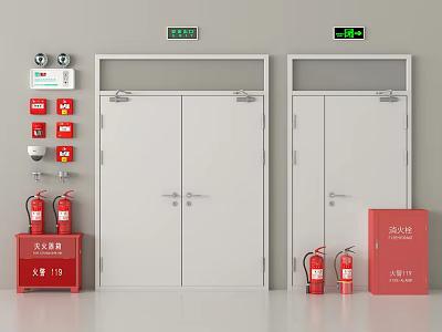 Fire Safety Equipment Setup With Fire Doors Emergency Lights And Extinguishers 3d model