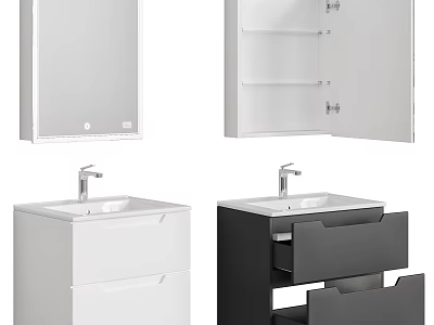 Modern Bathroom Vanity With Mirror Storage Cabinet And Drawers In White Black Design 3d model