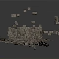 3D Render Of Broken Stone Wall With Collapsing Blocks And Flying Stones