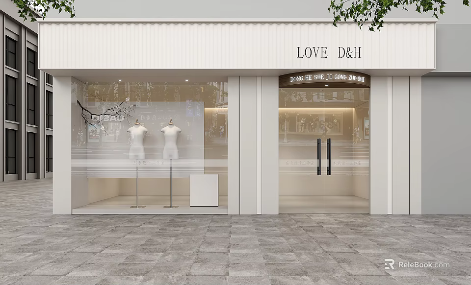 Modern Clothing Storefront With White Exterior Glass Display Windows Mannequins And Lighting 3d model 