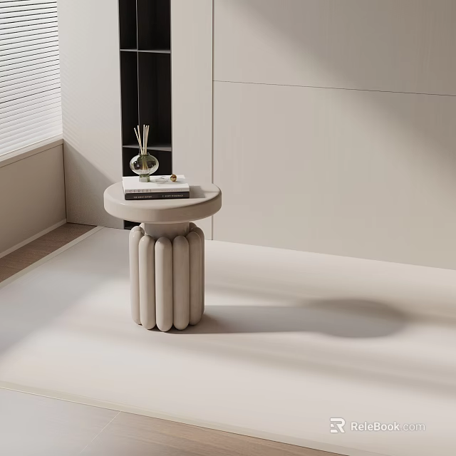 Modern Minimalist Side Table With Pleated Base Round Marble Top And Vase In Bright Room 3d model 