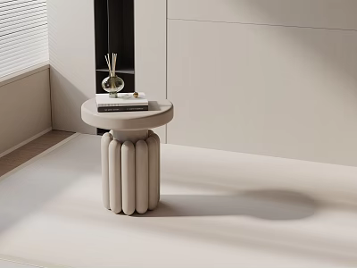 Modern Minimalist Side Table With Pleated Base Round Marble Top And Vase In Bright Room 3d model