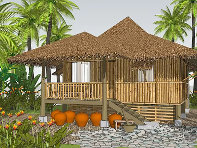 Tropical Bamboo Cottage With Thatched Roof Palm Trees And Orange Pots 3d model