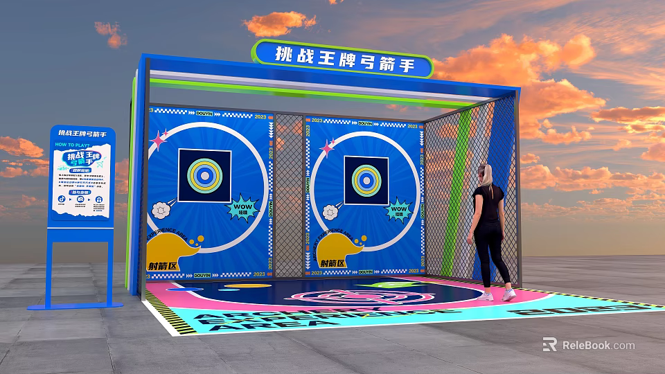 Ace Archer Challenge Zone With Target Boards Colorful Floor And Woman Practicing 3d model 