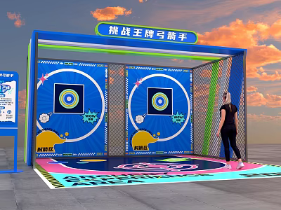 Ace Archer Challenge Zone With Target Boards Colorful Floor And Woman Practicing 3d model