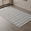 Stylish Square Rug With Black And White Grid Pattern On Wooden Floor With White Cabinets