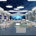 School Science Laboratory With Starry Sky Ceiling Hexagonal Lights White Tables Yellow Stools Wall Screens 3d model
