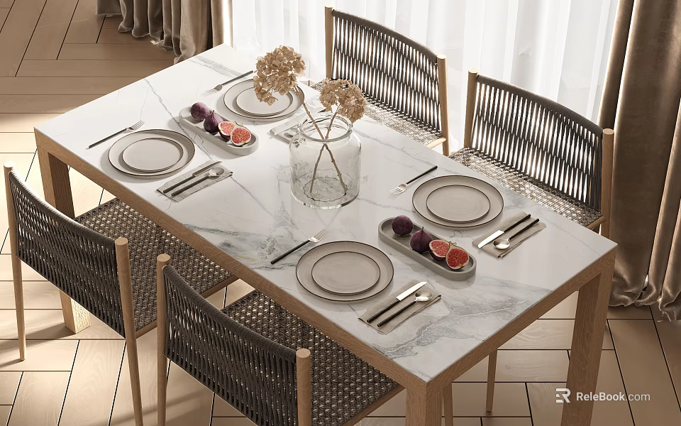 Marble Top Dining Table Set With Rattan Chairs Plates Cutlery Fruits And Dried Flowers 3d model 