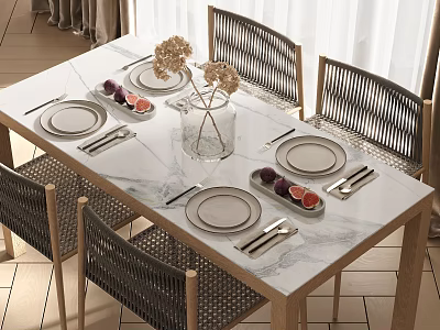 Marble Top Dining Table Set With Rattan Chairs Plates Cutlery Fruits And Dried Flowers 3d model