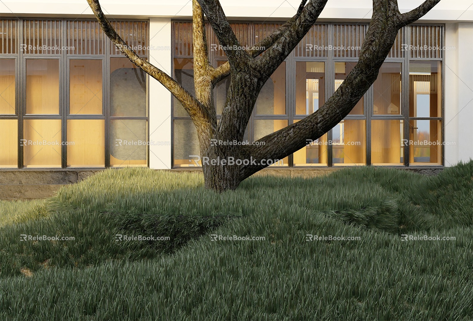 Top floor flowerbed lawn landscape rock climbing background wall 3d model