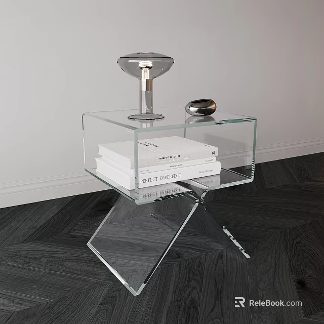 Modern Glass Side Table With X Shaped Base And Books Lamp Decorative Object 3d model