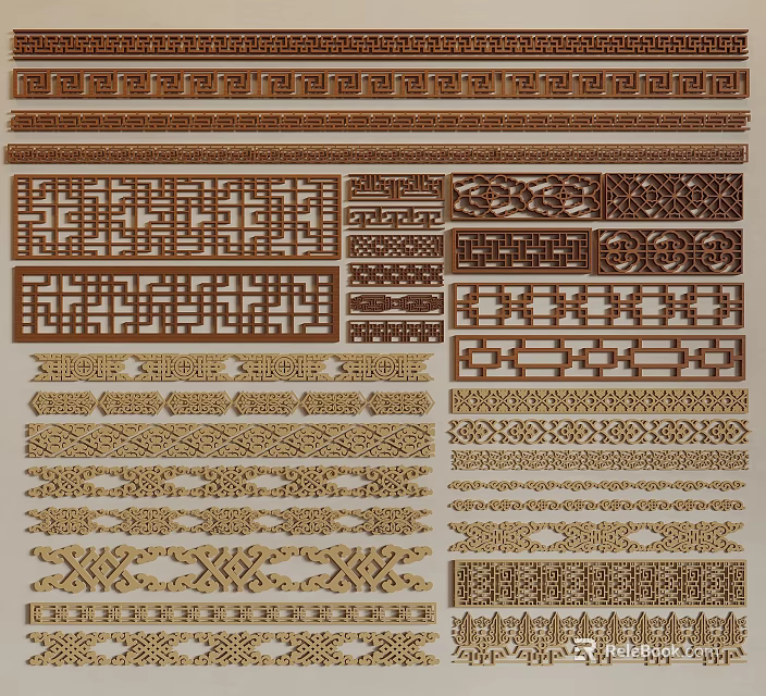 Traditional Decorative Wooden Carvings with Various Intricate Patterns for Design Elements 3d model