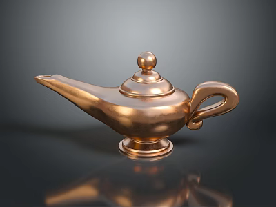 Vintage Copper Genie Lamp With Shiny Metallic Finish And Curved Handle 3d model
