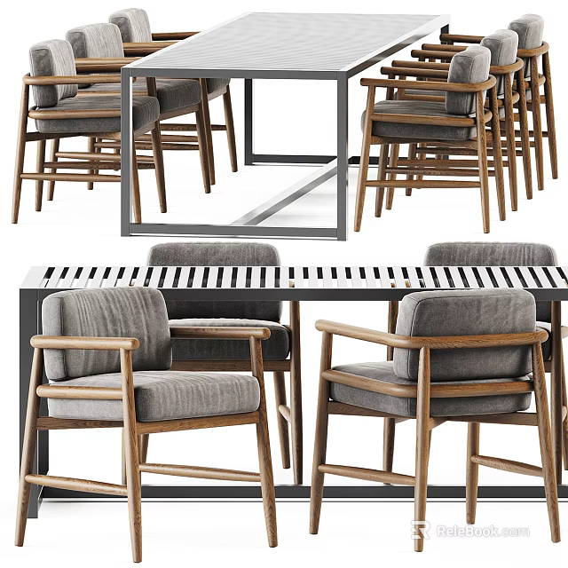 Modern Dining Table Set With Wooden Chairs And Grey Fabric Seats Striped Tabletop Design 3d model 