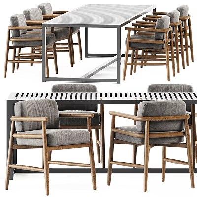 Modern Dining Table Set With Wooden Chairs And Grey Fabric Seats Striped Tabletop Design 3d model