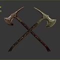 Ornate Crossed Axes With Metal Heads And Wooden Handles As Medieval Weapon