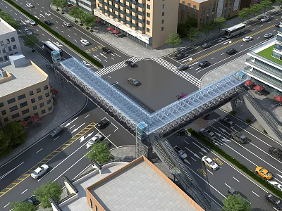 Urban Pedestrian Bridge With Glass Structure Over Busy Roads And Tall Buildings 3d model