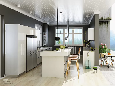 Modern Kitchen Interior With White Cabinets Island And Stainless Steel Appliances 3d model