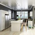 Modern Kitchen Interior With White Cabinets Island And Stainless Steel Appliances