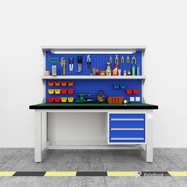Organized Hardware Tools Workbench With Blue Pegboard And Storage Drawers 3d model 