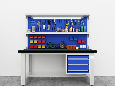 Organized Hardware Tools Workbench With Blue Pegboard And Storage Drawers 3d model