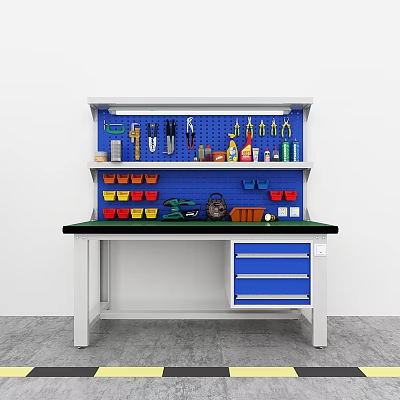Organized Hardware Tools Workbench With Blue Pegboard And Storage Drawers 3d model