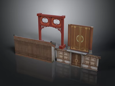 Traditional Chinese Architecture Elements Featuring Red Wooden Frame Carved Doors And Windows 3d model